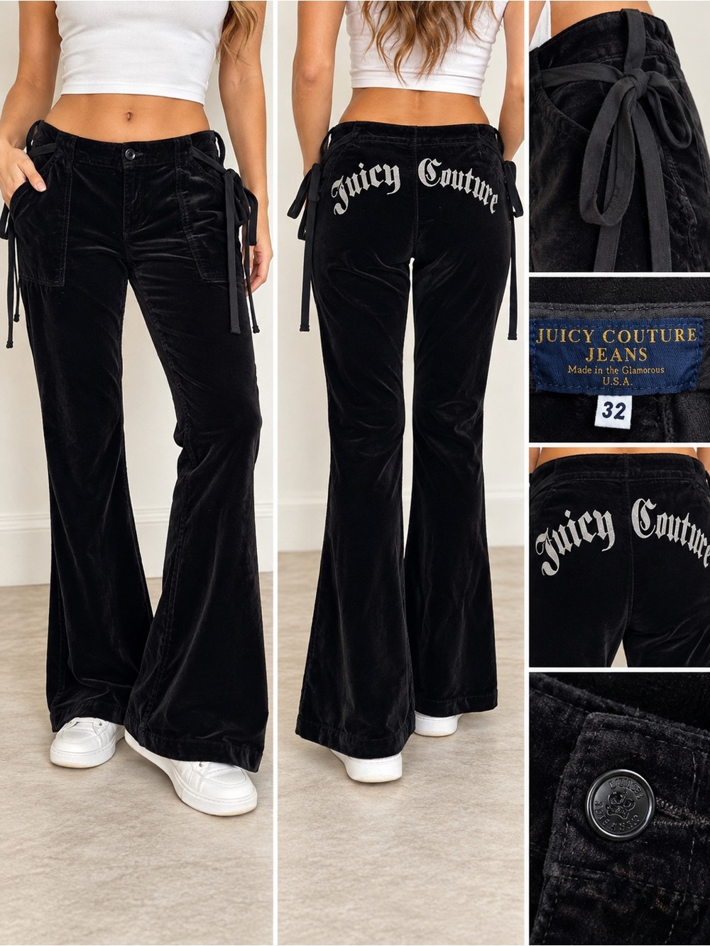 Vintage Juicy Couture Jeans Black Velvet Flare Logo Side Tie Pants Y2K Size 32